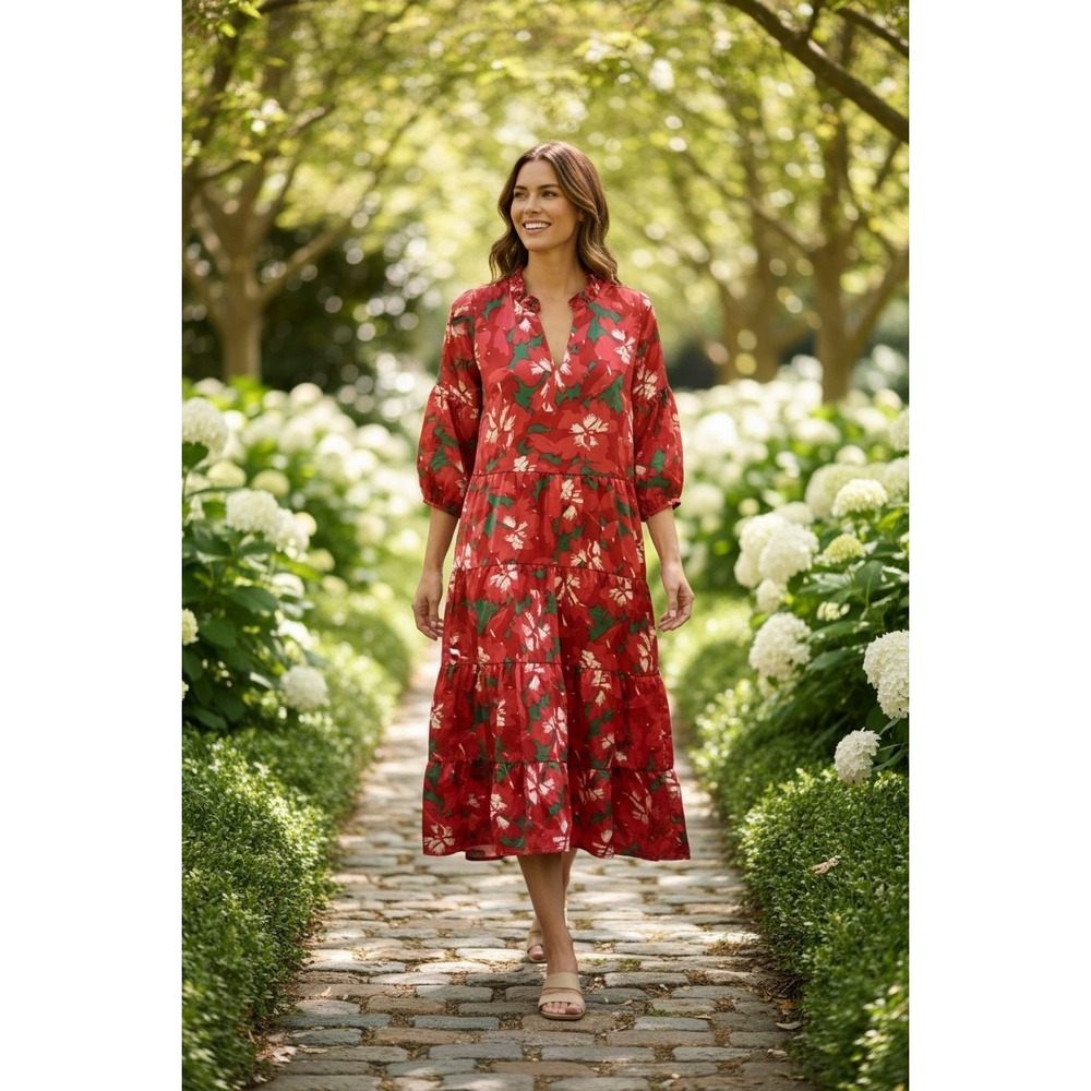 Michelle McDowell Floral Tiered Midi Dress Womens Red Green V-Neck Size M